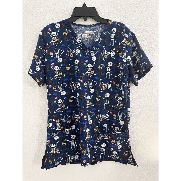 Halloween Scrub Top‎ Scrubaid Women’s M (10-12) Trick Or Treat Skeletons Blue - Picture 1 of 9